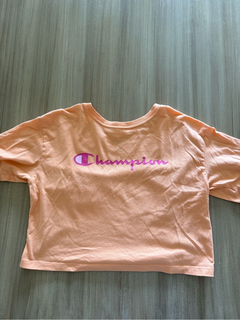 Champion Peach Cropped Tee with Pink Logo